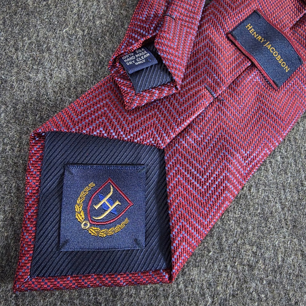 Henry Jacobson Mens Silk Tie Burgundy Blue Chevron Herringbone Woven‎ Handmade